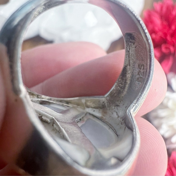 Vintage Chunky Mother of Pearl Inlay Ring Size 6 Sterling Silver Southwestern - Picture 12 of 13